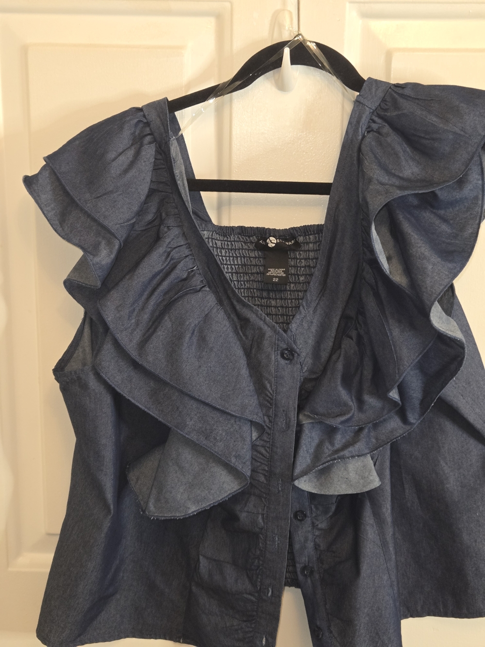 Ashley Stewart Ruffle-Trim Denim-Effect Blouse - Blue
